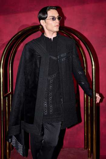Shop Arjan Dugal Black Organza, Satin, Muslin, Brocade Chikankari And Dori Work Achkan Set Online at Aza Fashions Shop_Arjan Dugal_Black Organza, Satin, Muslin, Brocade Chikankari And Dori Work Achkan Set _Online_at_Aza_Fashions