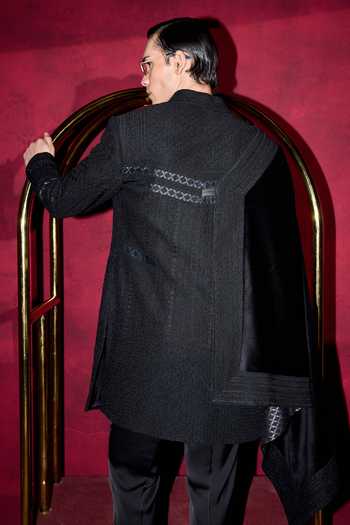 Arjan Dugal Black Organza, Satin, Muslin, Brocade Chikankari And Dori Work Achkan Set at Aza Fashions Arjan Dugal_Black Organza, Satin, Muslin, Brocade Chikankari And Dori Work Achkan Set _at_Aza_Fashions