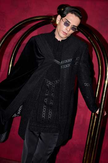 Buy Arjan Dugal Black Organza, Satin, Muslin, Brocade Chikankari And Dori Work Achkan Set Buy_Arjan Dugal_Black Organza, Satin, Muslin, Brocade Chikankari And Dori Work Achkan Set
