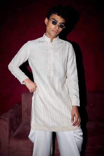 Arjan Dugal Off White Organza, Satin, Muslin Geometric And Ornamental Pattern Kurta Set Online at Aza Fashions Arjan Dugal_Off White Organza, Satin, Muslin Geometric And Ornamental Pattern Kurta Set _Online_at_Aza_Fashions