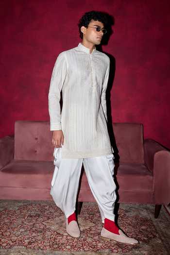 Arjan Dugal Off White Organza, Satin, Muslin Geometric And Ornamental Pattern Kurta Set at Aza Fashions Arjan Dugal_Off White Organza, Satin, Muslin Geometric And Ornamental Pattern Kurta Set _at_Aza_Fashions