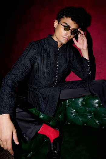 Arjan Dugal Black Organza, Muslin, Satin Geometric And Ornamental Pattern Kurta Set Online at Aza Fashions Arjan Dugal_Black Organza, Muslin, Satin Geometric And Ornamental Pattern Kurta Set _Online_at_Aza_Fashions