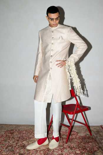 Shop Arjan Dugal White Organza, Chanderi, Satin, Brocade Embroidered Achkan And Pant Set Online at Aza Fashions Shop_Arjan Dugal_White Organza, Chanderi, Satin, Brocade Embroidered Achkan And Pant Set _Online_at_Aza_Fashions