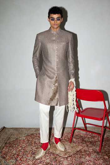 Buy Arjan Dugal Gold Organza, Chanderi, Satin, Brocade Intricate Embroidered Achkan Set Buy_Arjan Dugal_Gold Organza, Chanderi, Satin, Brocade Intricate Embroidered Achkan Set