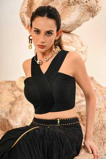 Day And Mood_Black Crepe Halter Neck Gathered Skirt Set _at_Aza_Fashions