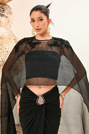 Buy Day And Mood Black Organza, Satin, Modal, Lycra Short Cape And Skirt Set Online at Aza Fashions Buy_Day And Mood_Black Organza, Satin, Modal, Lycra Short Cape And Skirt Set _Online_at_Aza_Fashions