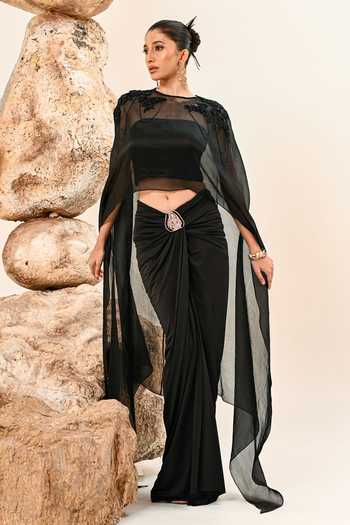 Shop Day And Mood Black Organza, Satin, Modal, Lycra Short Cape And Skirt Set Online at Aza Fashions Shop_Day And Mood_Black Organza, Satin, Modal, Lycra Short Cape And Skirt Set _Online_at_Aza_Fashions