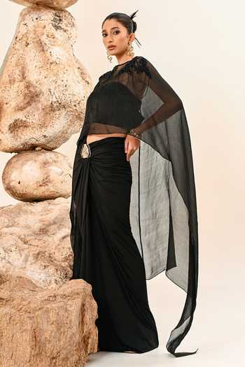 Day And Mood Black Organza, Satin, Modal, Lycra Short Cape And Skirt Set at Aza Fashions Day And Mood_Black Organza, Satin, Modal, Lycra Short Cape And Skirt Set _at_Aza_Fashions