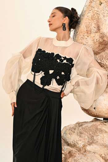 Shop Day And Mood Black Organza, Satin, Modal High Neck Embroidered Shirt And Skirt Set Online at Aza Fashions Shop_Day And Mood_Black Organza, Satin, Modal High Neck Embroidered Shirt And Skirt Set _Online_at_Aza_Fashions
