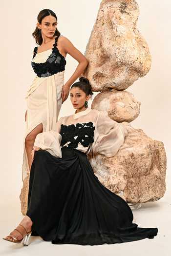 Day And Mood Black Organza, Satin, Modal High Neck Embroidered Shirt And Skirt Set at Aza Fashions Day And Mood_Black Organza, Satin, Modal High Neck Embroidered Shirt And Skirt Set _at_Aza_Fashions