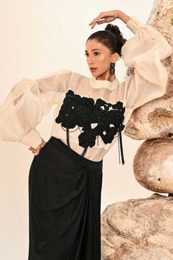 Buy Day And Mood Black Organza, Satin, Modal High Neck Embroidered Shirt And Skirt Set Buy_Day And Mood_Black Organza, Satin, Modal High Neck Embroidered Shirt And Skirt Set
