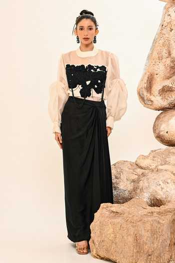 Shop Day And Mood Black Organza, Satin, Modal High Neck Embroidered Shirt And Skirt Set Shop_Day And Mood_Black Organza, Satin, Modal High Neck Embroidered Shirt And Skirt Set