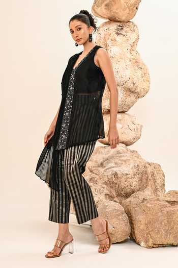 Buy_Day And Mood_Black Organza, Tissue V-neck Embroidered Jacket And Pant Set _Online_at_Aza_Fashions