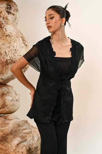 Day And Mood_Black Organza, Satin, Modal Cutwork Top And Pant Set _Online_at_Aza_Fashions