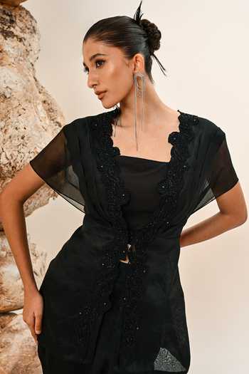 Buy_Day And Mood_Black Organza, Satin, Modal Cutwork Top And Pant Set _Online_at_Aza_Fashions