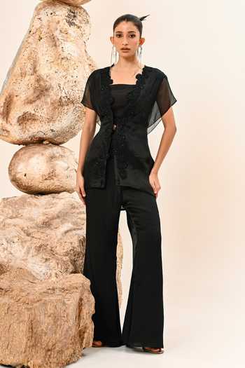 Shop_Day And Mood_Black Organza, Satin, Modal Cutwork Top And Pant Set _Online_at_Aza_Fashions