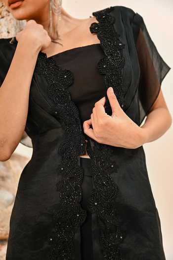 Buy_Day And Mood_Black Organza, Satin, Modal Cutwork Top And Pant Set 