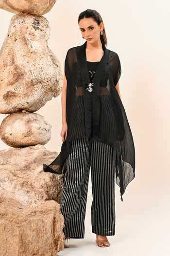Day And Mood_Black Organza, Tissue Shawl Neck Kaftan And Chanderi Pant Set _at_Aza_Fashions