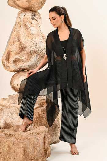 Buy_Day And Mood_Black Organza, Tissue Shawl Neck Kaftan And Chanderi Pant Set 