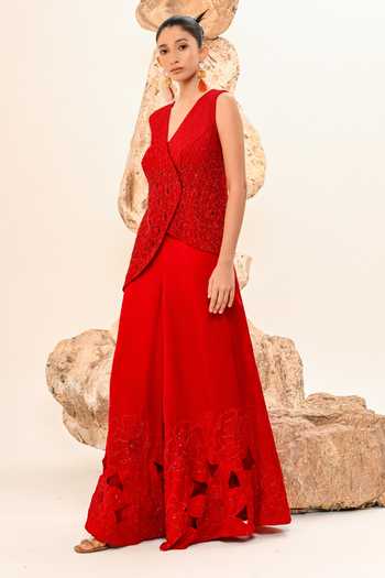 Day And Mood_Red Silk V-neck Cutwork Pant Set _Online_at_Aza_Fashions