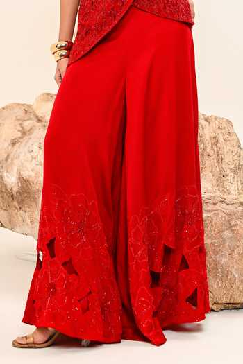 Buy_Day And Mood_Red Silk V-neck Cutwork Pant Set _Online_at_Aza_Fashions