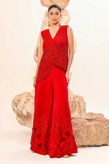 Shop_Day And Mood_Red Silk V-neck Cutwork Pant Set _Online_at_Aza_Fashions