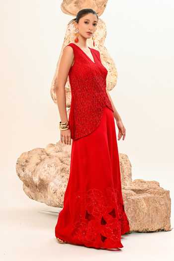 Day And Mood_Red Silk V-neck Cutwork Pant Set _at_Aza_Fashions