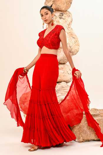 Buy_Day And Mood_Red Silk, Chiffon V-neck Tiered Frill Sharara Set _Online_at_Aza_Fashions