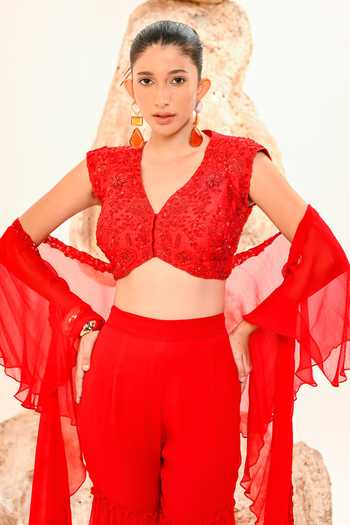 Day And Mood_Red Silk, Chiffon V-neck Tiered Frill Sharara Set _at_Aza_Fashions
