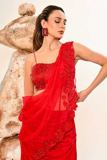 Day And Mood Red Organza, Satin, Modal One Shoulder Cowl Draped Blouse And Skirt Set Online at Aza Fashions Day And Mood_Red Organza, Satin, Modal One Shoulder Cowl Draped Blouse And Skirt Set _Online_at_Aza_Fashions