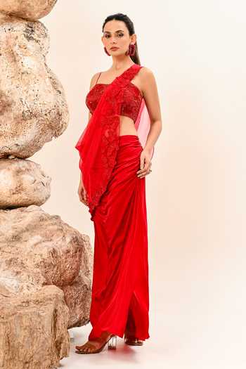Buy Day And Mood Red Organza, Satin, Modal One Shoulder Cowl Draped Blouse And Skirt Set Online at Aza Fashions Buy_Day And Mood_Red Organza, Satin, Modal One Shoulder Cowl Draped Blouse And Skirt Set _Online_at_Aza_Fashions