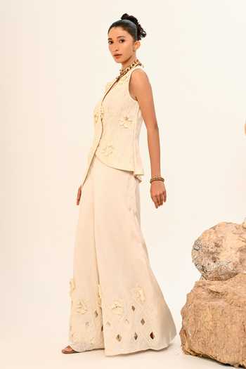 Day And Mood Ivory Silk V-neck 3d Floral Jacket And Pant Set Online at Aza Fashions Day And Mood_Ivory Silk V-neck 3d Floral Jacket And Pant Set _Online_at_Aza_Fashions