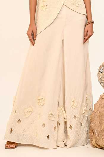 Buy Day And Mood Ivory Silk V-neck 3d Floral Jacket And Pant Set Online at Aza Fashions Buy_Day And Mood_Ivory Silk V-neck 3d Floral Jacket And Pant Set _Online_at_Aza_Fashions