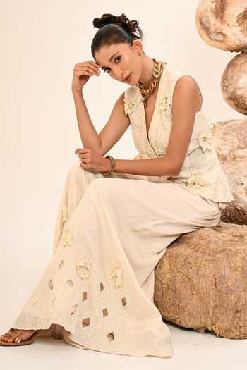 Shop Day And Mood Ivory Silk V-neck 3d Floral Jacket And Pant Set Online at Aza Fashions Shop_Day And Mood_Ivory Silk V-neck 3d Floral Jacket And Pant Set _Online_at_Aza_Fashions