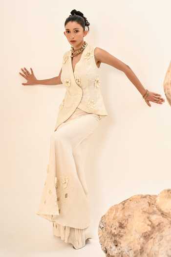 Day And Mood Ivory Silk V-neck 3d Floral Jacket And Pant Set at Aza Fashions Day And Mood_Ivory Silk V-neck 3d Floral Jacket And Pant Set _at_Aza_Fashions
