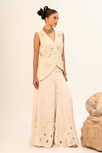 Buy Day And Mood Ivory Silk V-neck 3d Floral Jacket And Pant Set Buy_Day And Mood_Ivory Silk V-neck 3d Floral Jacket And Pant Set