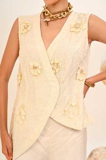 Shop Day And Mood Ivory Silk V-neck 3d Floral Jacket And Pant Set Shop_Day And Mood_Ivory Silk V-neck 3d Floral Jacket And Pant Set