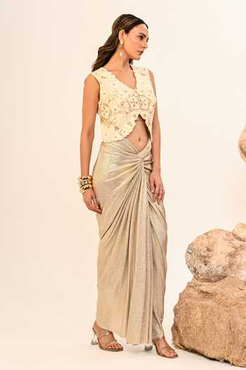 Day And Mood_Ivory Silk V-neck Draped Skirt And Jacket Set _at_Aza_Fashions