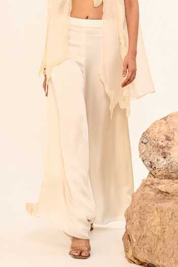 Buy_Day And Mood_Ivory Silk, Organza, Satin, Modal Layered Jacket And Pant Set _Online_at_Aza_Fashions