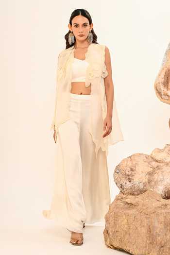 Shop_Day And Mood_Ivory Silk, Organza, Satin, Modal Layered Jacket And Pant Set _Online_at_Aza_Fashions