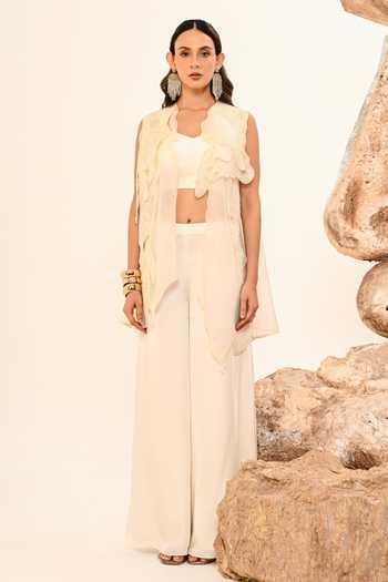 Buy_Day And Mood_Ivory Silk, Organza, Satin, Modal Layered Jacket And Pant Set 