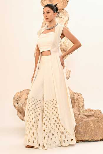 Buy_Day And Mood_Ivory Silk, Satin Sweetheart Neck Cutwork Pant And Blouse Set _Online_at_Aza_Fashions