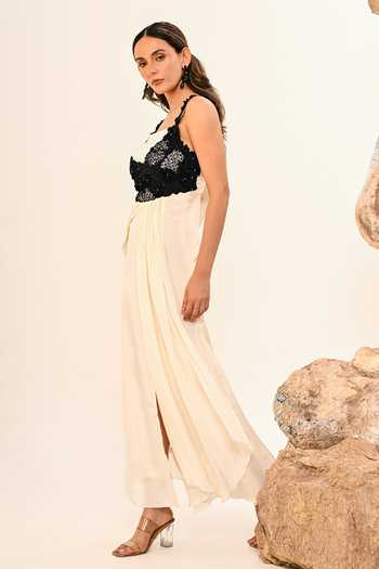 Day And Mood_Ivory Crepe Square Neck Draped Maxi Dress _Online_at_Aza_Fashions