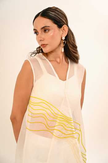Shop Day And Mood Ivory Organza, Crepe V-neck Sheer Jacket And Draped Dhoti Skirt Set Online at Aza Fashions Shop_Day And Mood_Ivory Organza, Crepe V-neck Sheer Jacket And Draped Dhoti Skirt Set _Online_at_Aza_Fashions