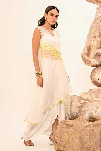 Buy Day And Mood Ivory Organza, Crepe V-neck Sheer Jacket And Draped Dhoti Skirt Set Buy_Day And Mood_Ivory Organza, Crepe V-neck Sheer Jacket And Draped Dhoti Skirt Set