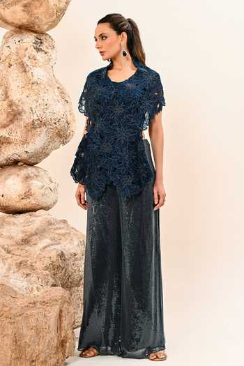 Shop Day And Mood Navy Organza, Satin, Modal Floral Cutwork Cape And Pant Set Online at Aza Fashions Shop_Day And Mood_Navy Organza, Satin, Modal Floral Cutwork Cape And Pant Set _Online_at_Aza_Fashions
