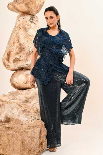 Day And Mood Floral Cutwork Cape & Pant Set 