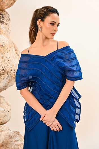 Day And Mood_Blue Organza, Satin, Modal Panelled Cape And Pant Set _Online_at_Aza_Fashions