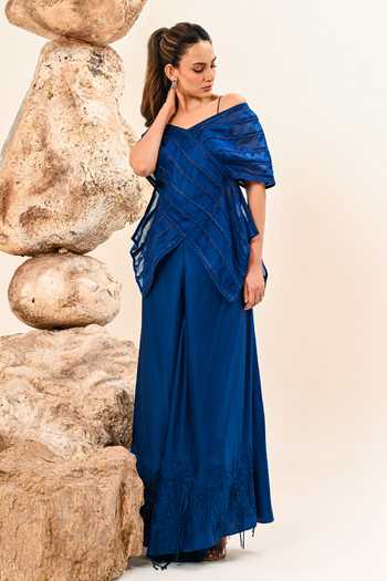 Buy_Day And Mood_Blue Organza, Satin, Modal Panelled Cape And Pant Set _Online_at_Aza_Fashions