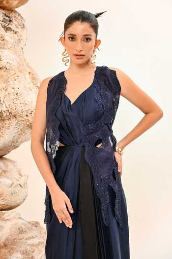 Shop Day And Mood Black Organza, Satin, Modal V-neck Cutwork Sleeveless Dress Online at Aza Fashions Shop_Day And Mood_Black Organza, Satin, Modal V-neck Cutwork Sleeveless Dress _Online_at_Aza_Fashions